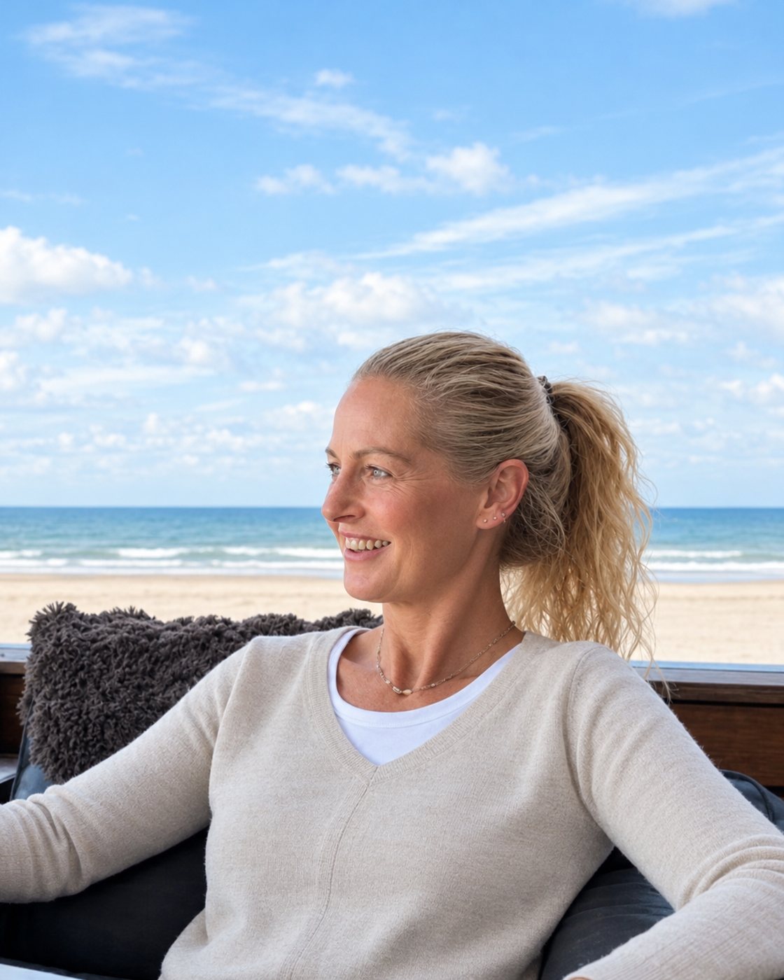 Anne Brenner lacht an einem Strandcafé in Frankreich, im Hintergrund das Meer