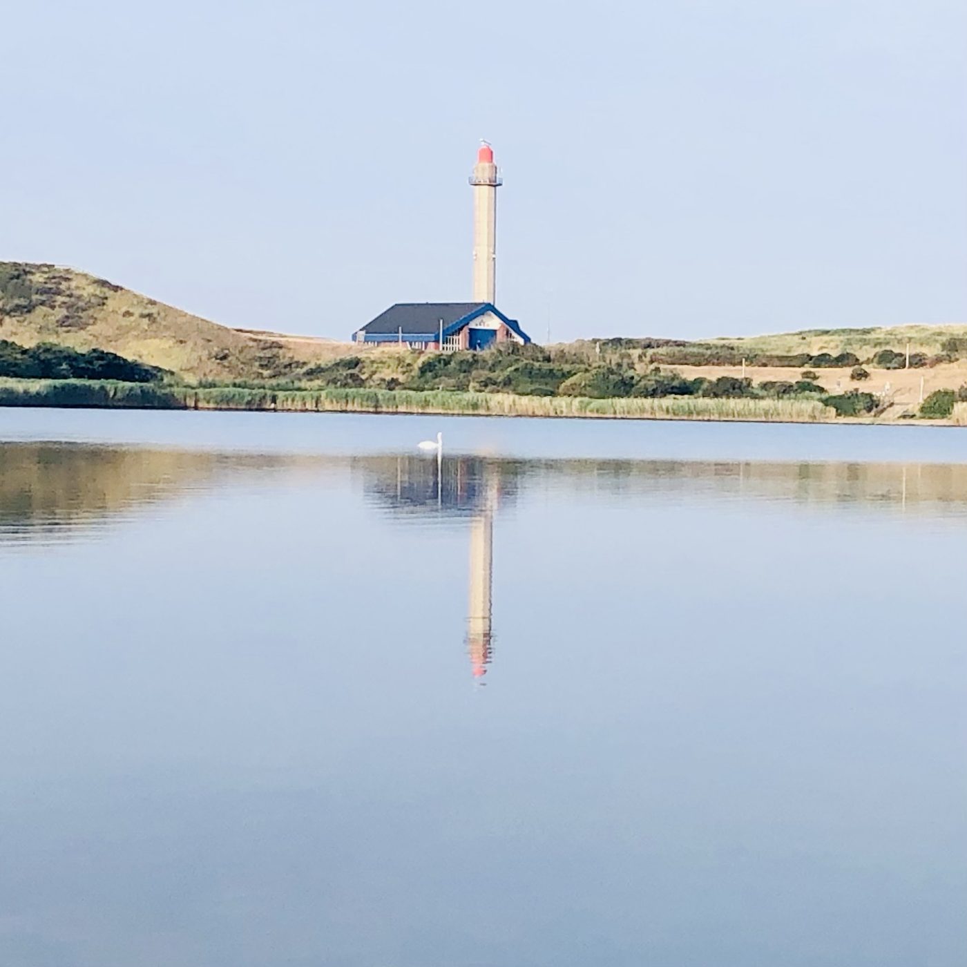 Stiller See, im Hintergrund ein Leuchtturm zwischen den Dünen, der sich im Wasser spiegelt